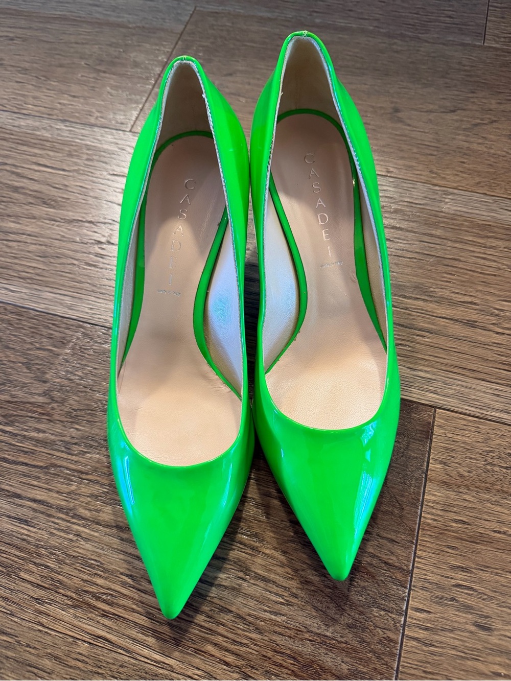 Casadei Women's Bright Neon Green Patent Pointed Pumps